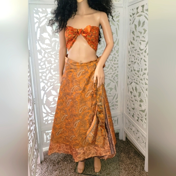 Exotic Boho Silk Muted Gold & Blue Reversible Wrap Maxi Skirt - Picture 10 of 16